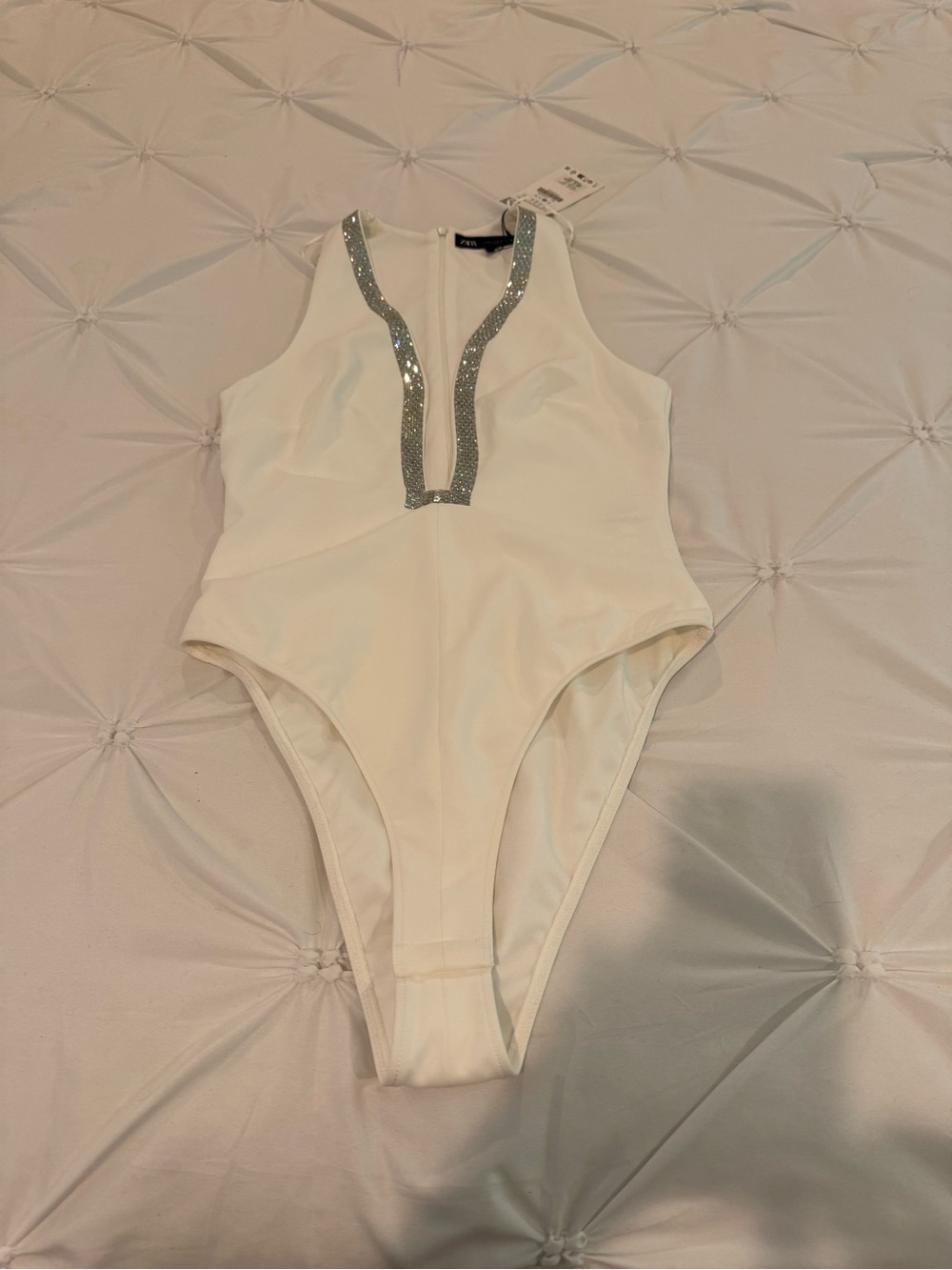 Zara White Rhinestone Embellished Bodysuit NWT Size M - Picture 4 of 10